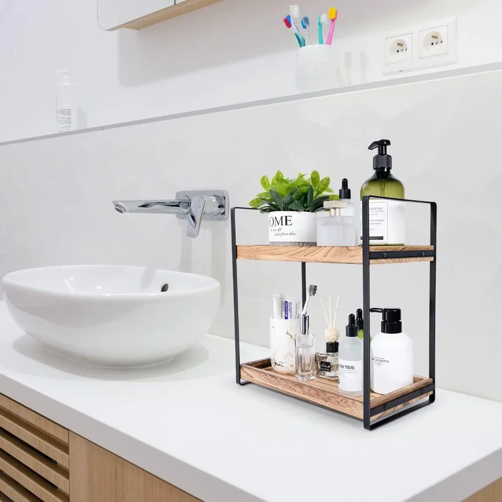 2-Tier Countertop Wood Bathroom Counter Organizers Shelf Cosmetic Storage, Decor